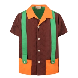 Boys GG Cotton Jacquard Shirt With Green Suspender