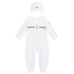 Babys Hat & Babygrow With Silver Logo and Three-Color Stripes