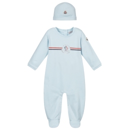 Babys Hat & Babygrow With Silver Logo and Three-Color Stripes